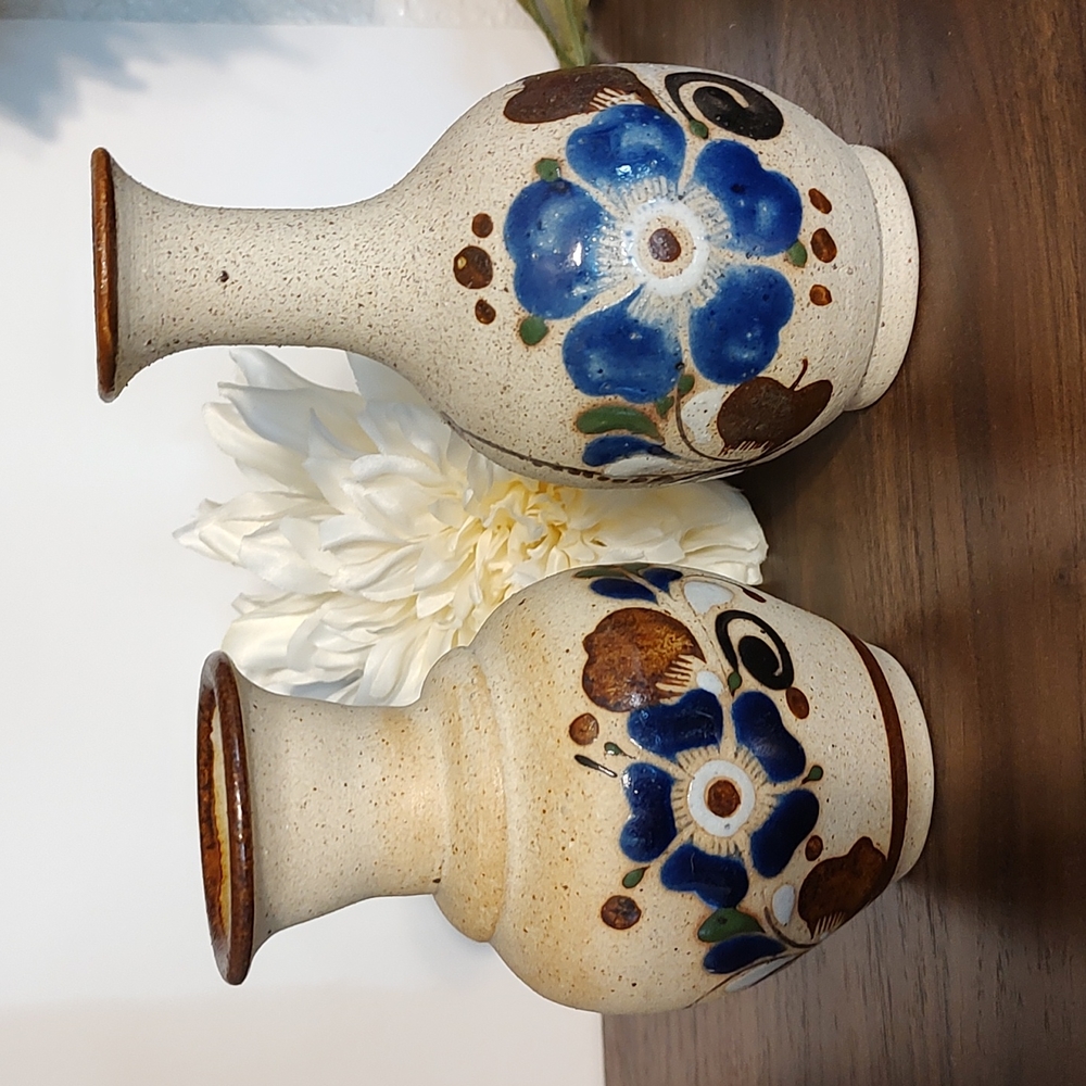 Mexican Pottery Vases Blue Flower Speckled Clay Bud Vase Pottery Vintage